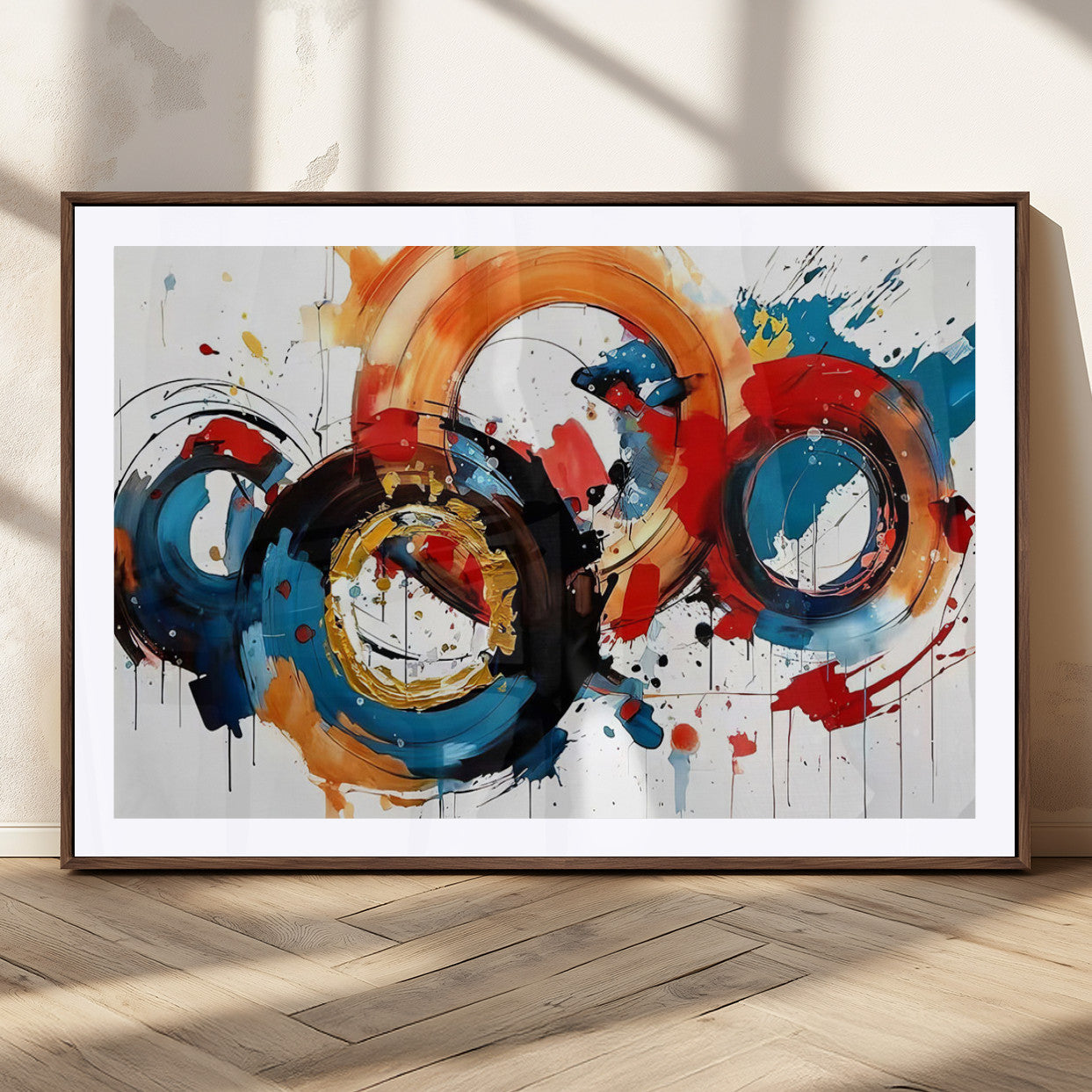 88266-MGC-FP-36x24_Walnut-Abstract Wall Art – Colorful Circle Canvas Print Red, Blue, Black and Gold, Modern Contemporary Painting Poster for Living Room,