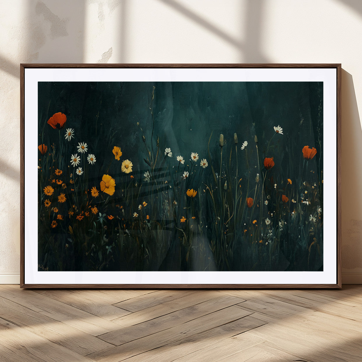 87037-MGC-FP-36x24_Walnut-Wildflower Wall Art – Dark Botanical Floral Canvas Print, Modern Nature Painting Poster with Daisies Poppies Orange Flowers for