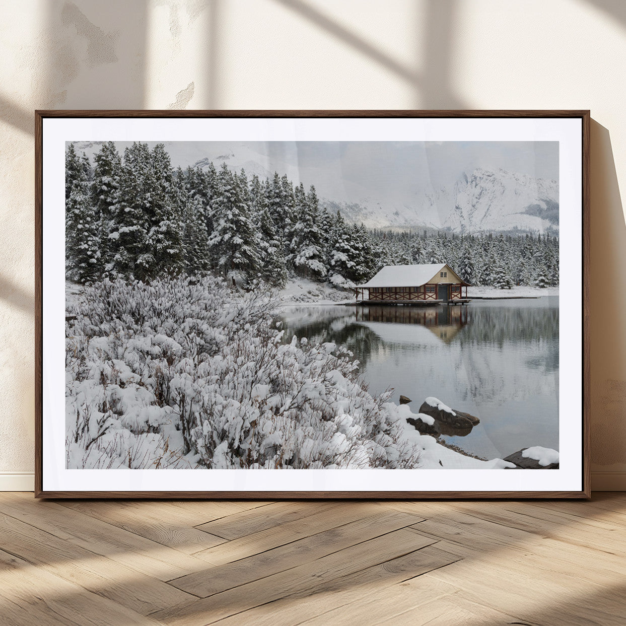 29975-MGC-FP-36x24_Walnut-Winter Cabin by the Lake Wall Art – Snowy Mountain Landscape Canvas Print, Rustic Lodge Cabin Decor for Cozy Living Room, Bedroom