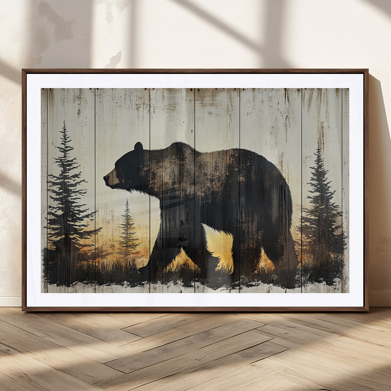 83875-MGV-CV-36X24-Sunset Bear Wall Art – Rustic Wildlife Canvas Print with Forest Silhouette, Cabin Lodge Decor for Living Room or Office
