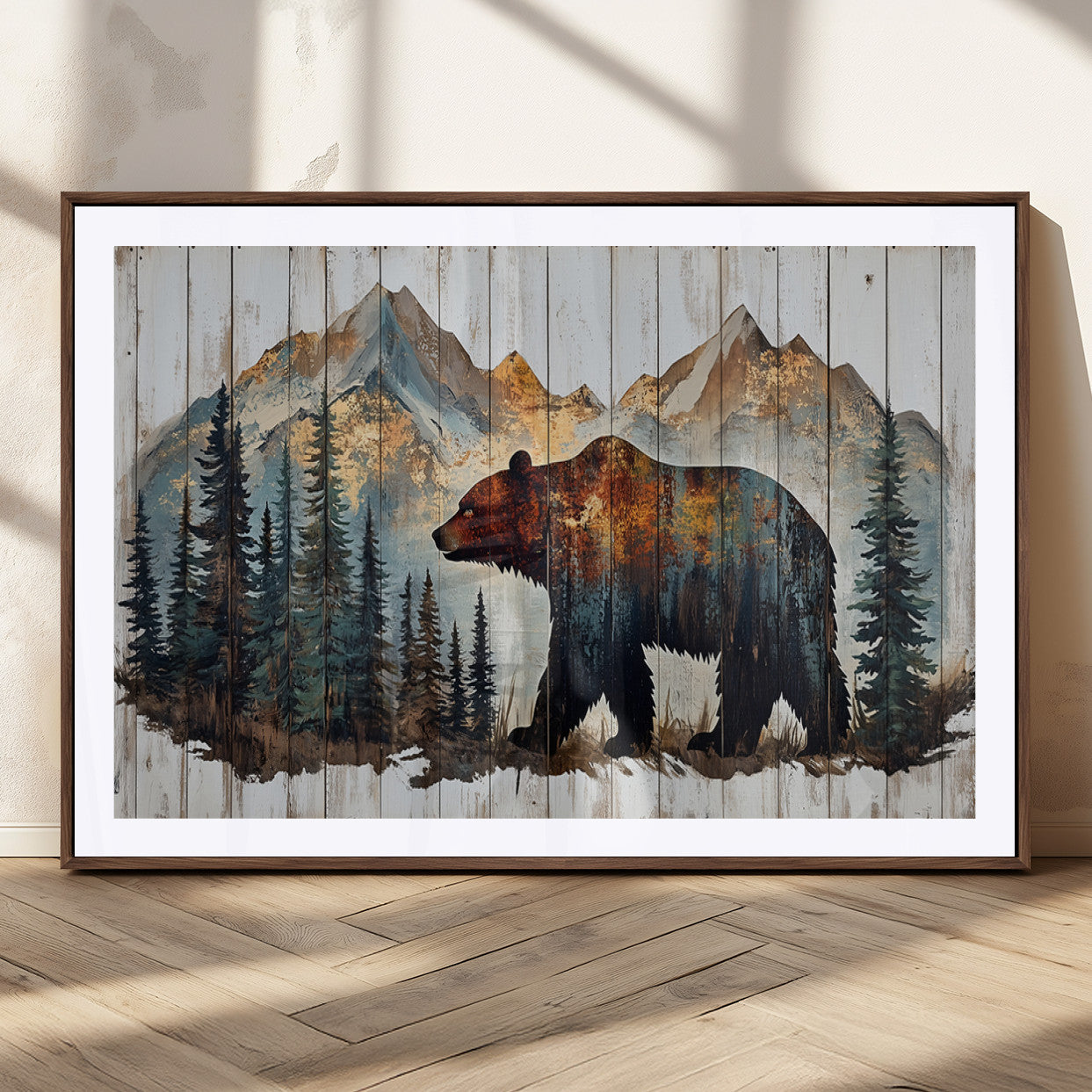 55777-MGV-CV-36X24-Rustic Bear Wall Art Canvas Print, Framed Mountain and Forest Art Picture Print, Wooden Bear Perfect Rustic Lodge Decor Artwork
