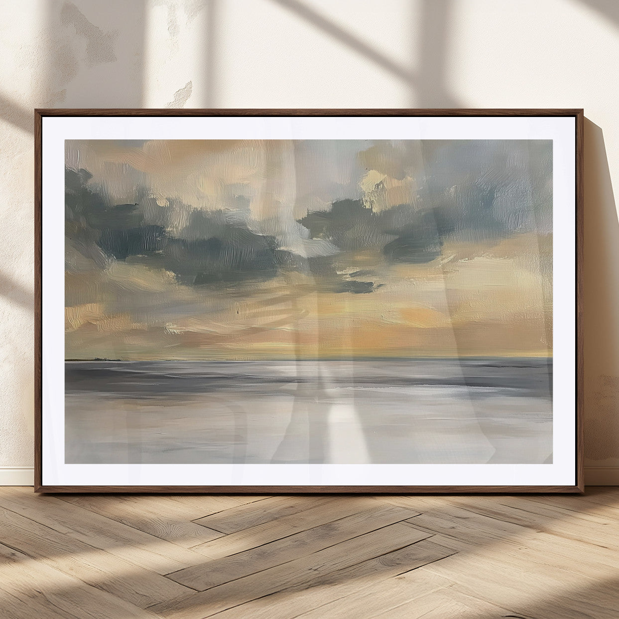 45544-MGC-FP-36x24_Walnut-Ocean Sunset Wall Art – Serene Seascape Canvas Print with Golden Sky and Calm Water, Coastal Beach Artwork for Living Room,
