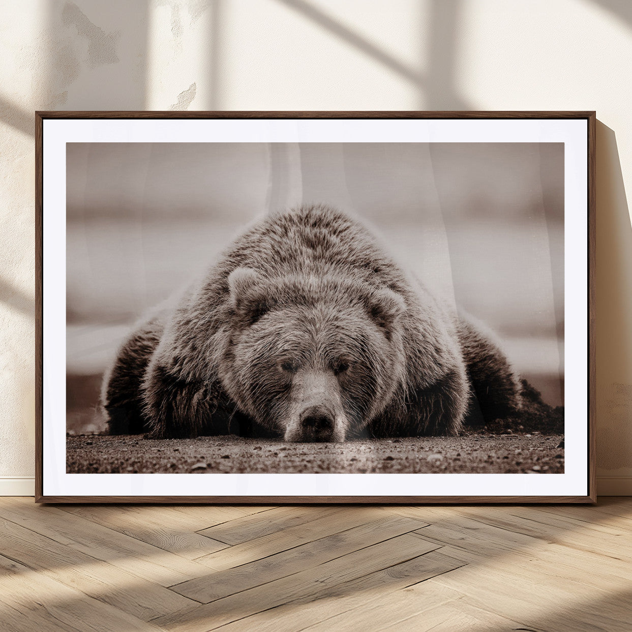 20611-MGC-FP-36x24_Walnut-Grizzly Bear Wall Art – Majestic Wildlife Sepia Canvas Print, Rustic Nature Animal Artwork for Cabin, Lodge, Living Room, Bedroom,