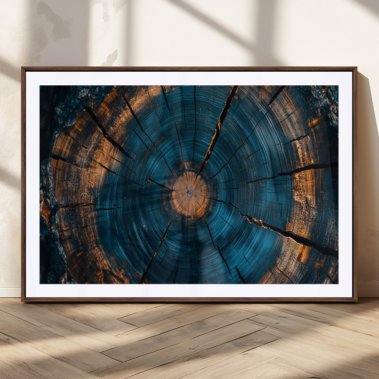 65231-MGC-FP-36x24_Walnut-Blue and Gold Tree Ring Wall Art – Rustic Abstract Wood Slice Canvas Print, Modern Nature Inspired Artwork for Living Room,