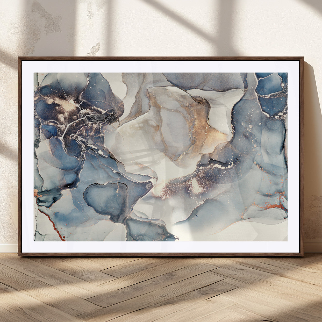 51497-MGC-FP-36x24_Walnut-Abstract Blue and Gold Wall Art – Modern Fluid Ink Style Canvas Print, Elegant Contemporary Decor for Living Room, Office