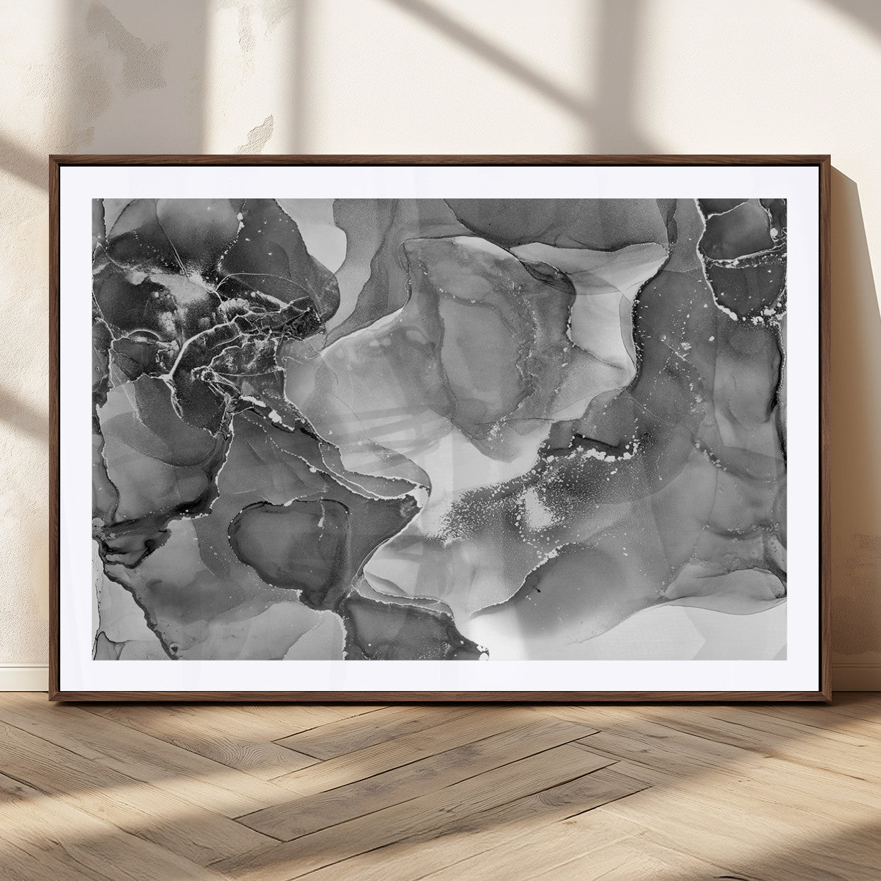 15911-MGC-FP-36x24_Walnut-Black and White Abstract Wall Art – Modern Ink Swirl Canvas Print, Minimalist Contemporary Painting for Living Room, Bedroom,