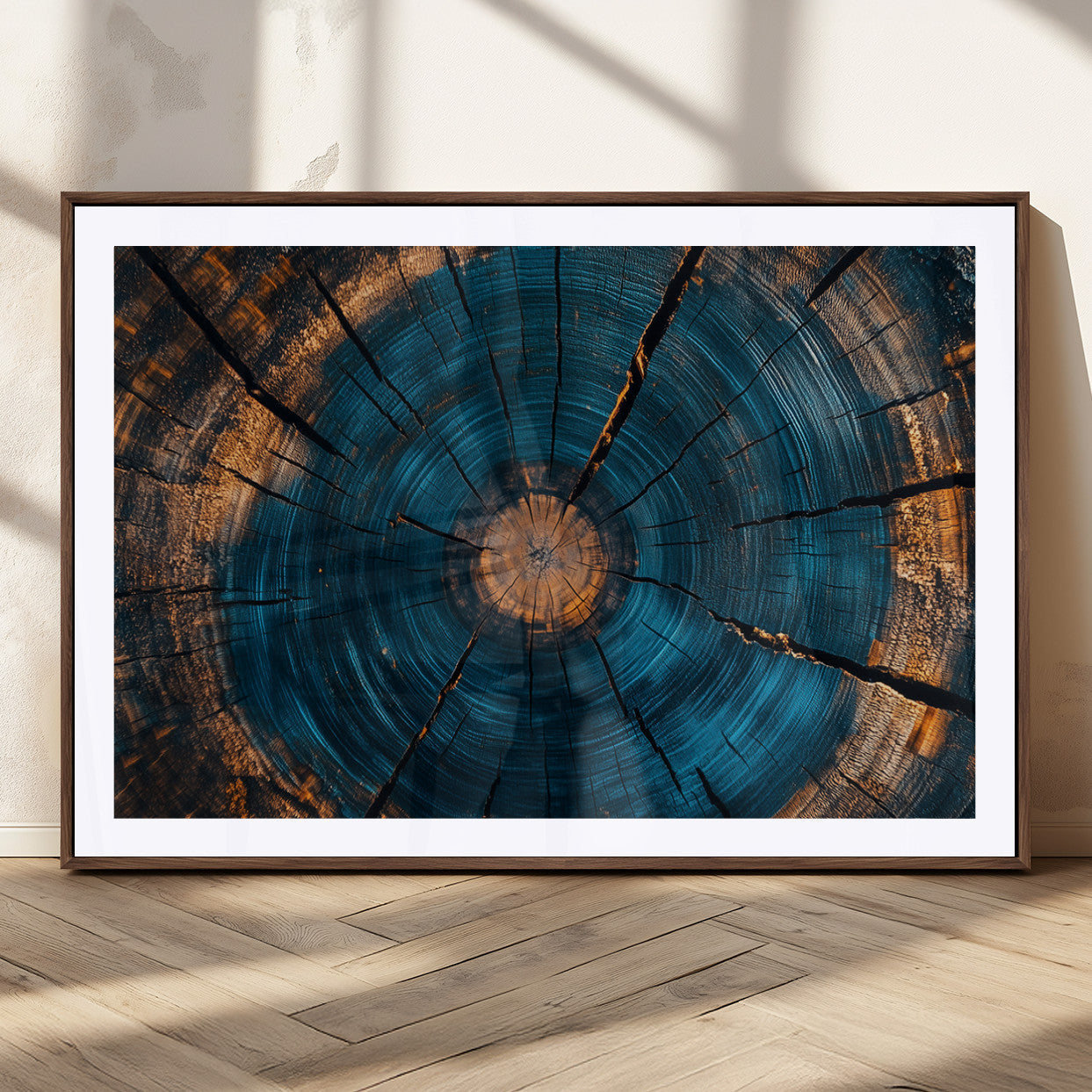 13398-MGC-FP-36x24_Walnut-Tree Ring Wall Art – Abstract Wood Grain Canvas Print with Blue and Orange Accents, Rustic Nature Inspired Artwork for Living