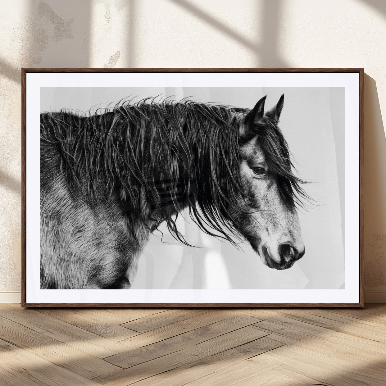 57694-MGC-FP-36x24_Walnut-Horse Portrait Wall Art – Black and White Canvas Print with Detailed Stallion Profile, Rustic Farmhouse Equestrian Artwork for