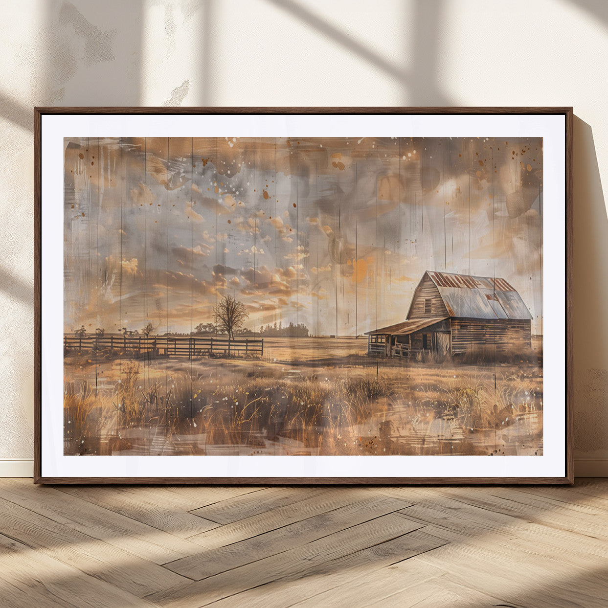 FARM2-MGC-FP-36x24_Walnut-Rustic Farmhouse Wall Art Canvas Print, Framed Old Barn Art Picture Print, Southwestern Farmhouse Perfect Rustic Decor Artwork