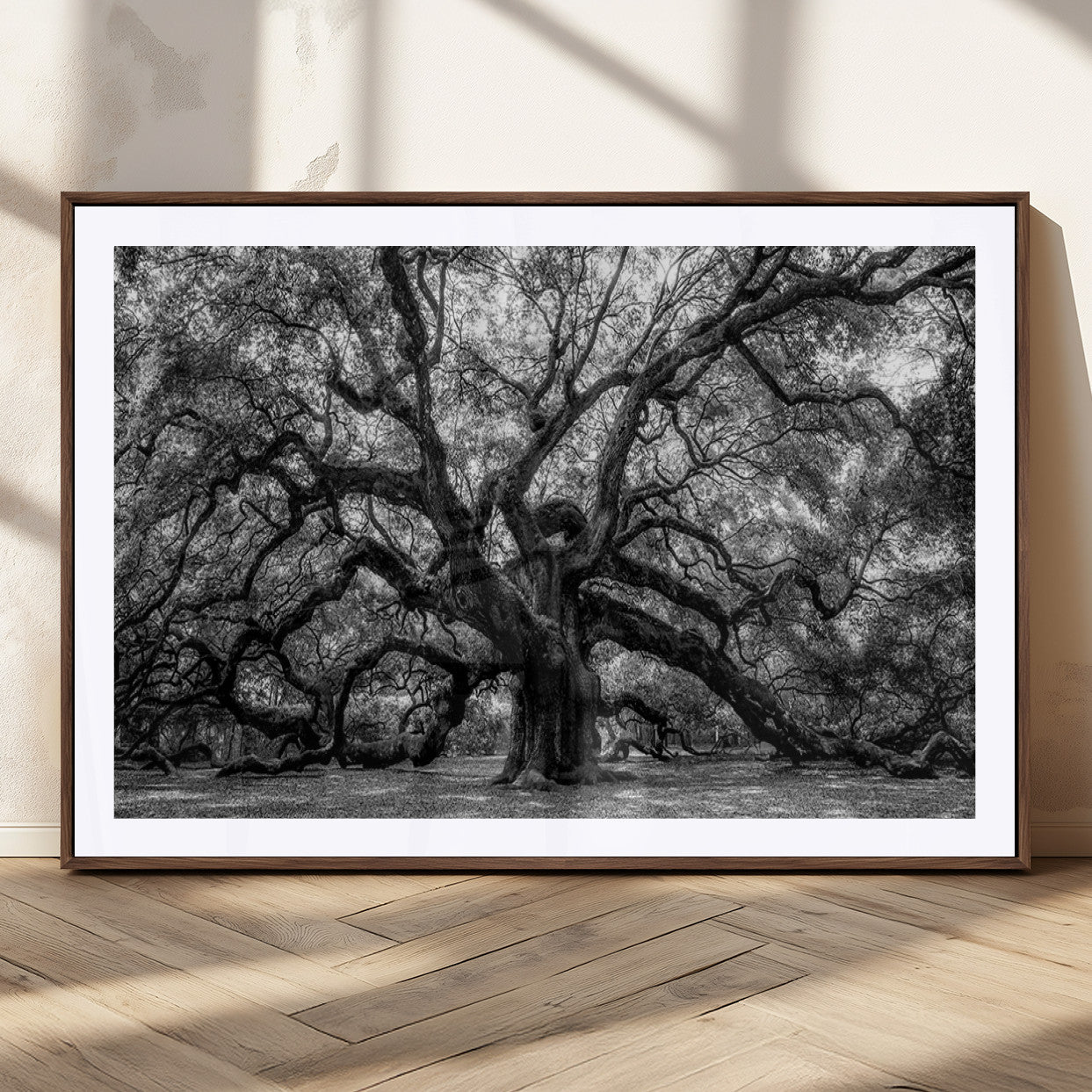 132944706-MGC-FP-36x24_Walnut-Ancient Tree Wall Art – Black and White Photography Canvas Print Featuring Majestic Twisting Branches, Rustic Nature Artwork for