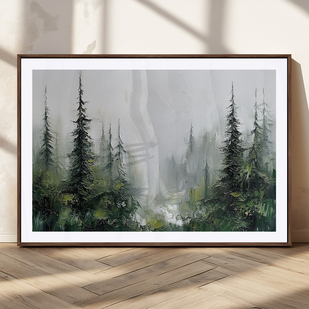 76014-MGC-FP-36x24_Walnut-Forest Wall Art – Textured Canvas Print Featuring Misty Evergreen Pines and Woodland Landscape, Rustic Nature Artwork for Living