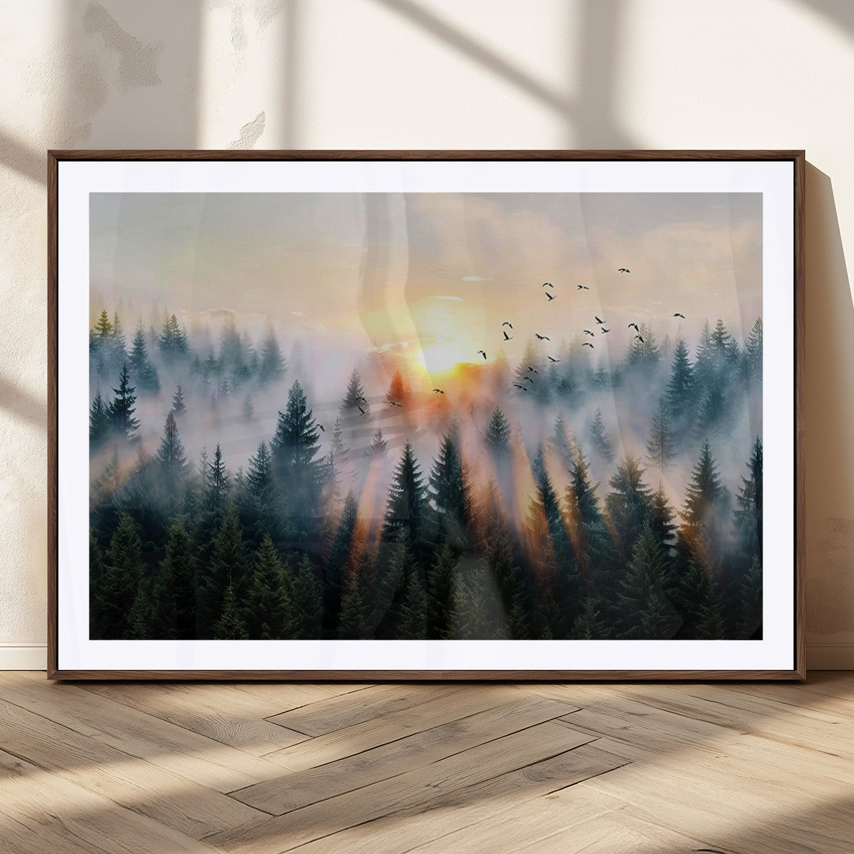 56391411-MGC-FP-36x24_Walnut-Misty Forest Wall Art Canvas Print, Framed Sunrise Pines Art Picture Print, Moody Pines Perfect Serene Woodland Decor Artwork