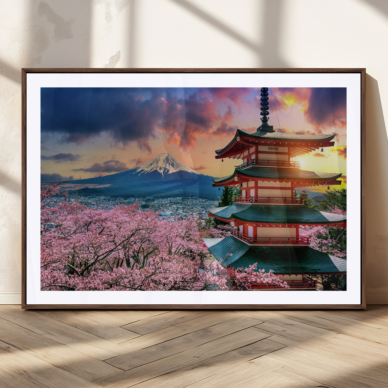 32331262-MGC-FP-36x24_Walnut-Mount Fuji Japan Wall Art – Cherry Blossom Landscape Canvas Print, Chureito Pagoda Sunset Photography, Japanese Nature Travel
