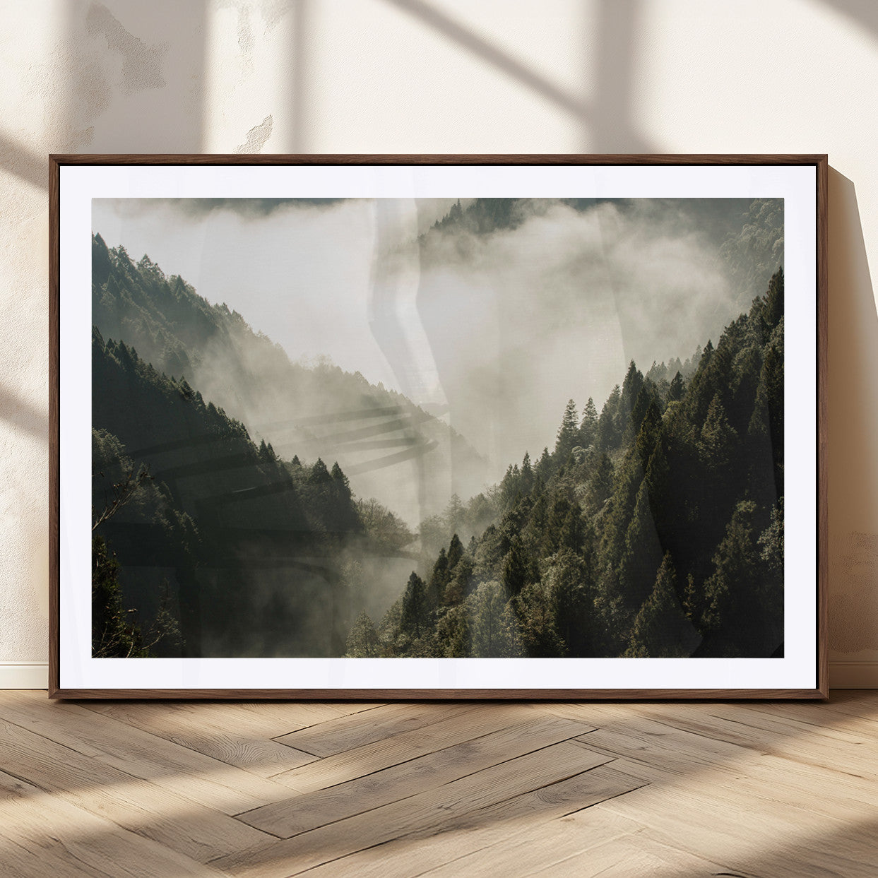 57570237-MGC-FP-36x24_Walnut-Misty Valley Wall Art Canvas Print, Framed Foggy Forest Art Picture Print, Pine Trees Perfect Moody Woodland Decor Artwork