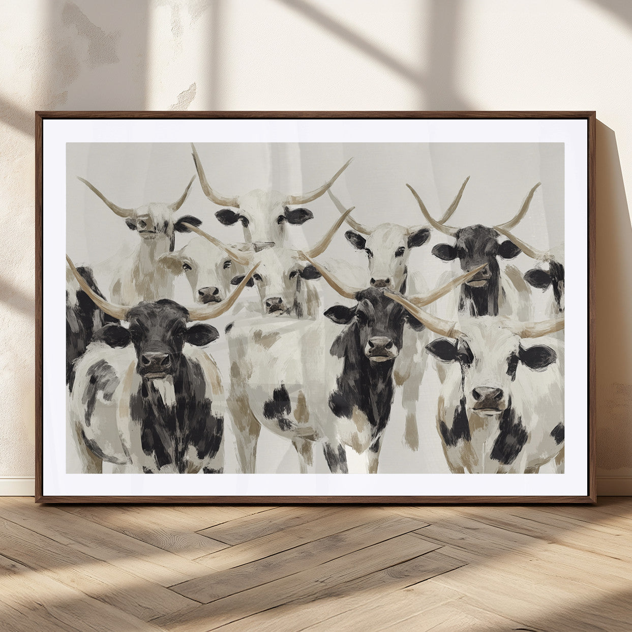 52947970-MGC-FP-36x24_Walnut-Texas Longhorn Wall Art Canvas Print, Framed Cattle Herd Art Picture Print, Herd Portrait Perfect Modern Farmhouse Decor Artwork