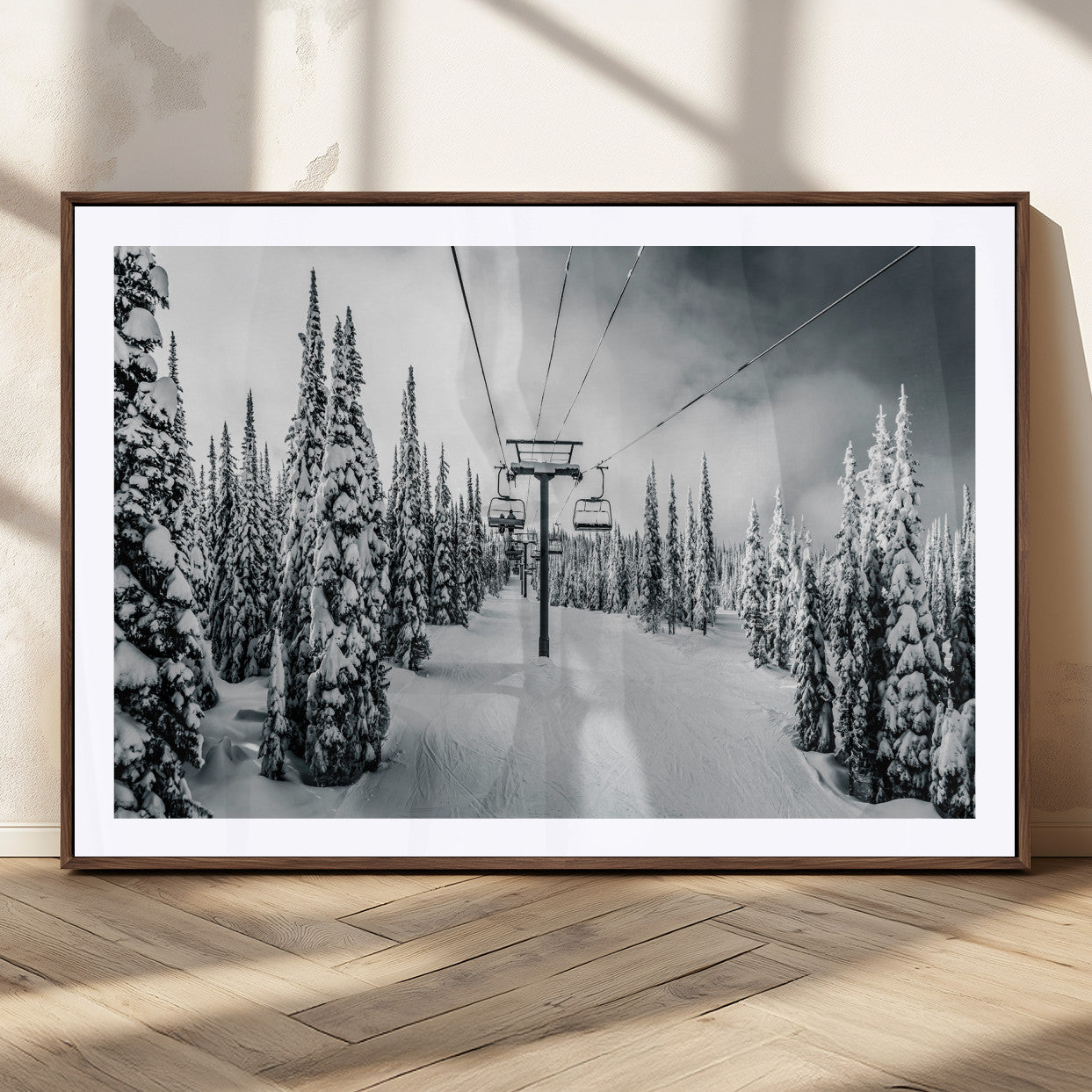 31156828-MGV-CV-36X24-Snowy Pines Wall Art Canvas Print, Framed Ski Lift Art Picture Print, Winter Forest Perfect Moody Lodge Decor Artwork