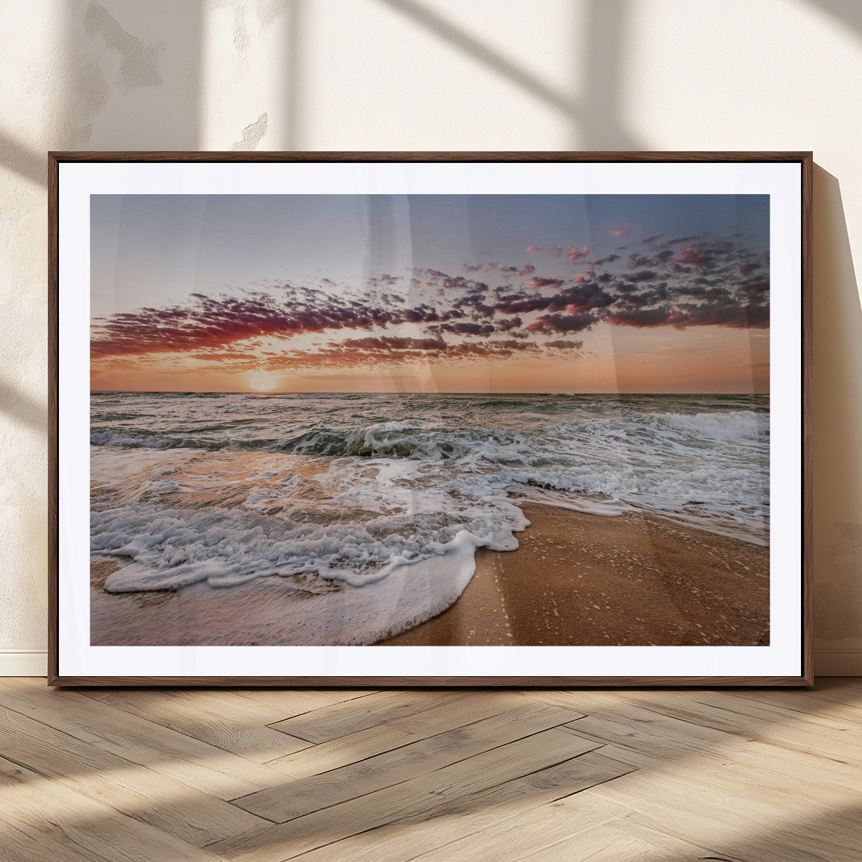 39846389-MGC-FP-36x24_Walnut-Ocean Sunset Wall Art Canvas Print, Framed Sandy Shore Art Picture Print, Gentle Waves Perfect Minimalist Coastal Decor Artwork