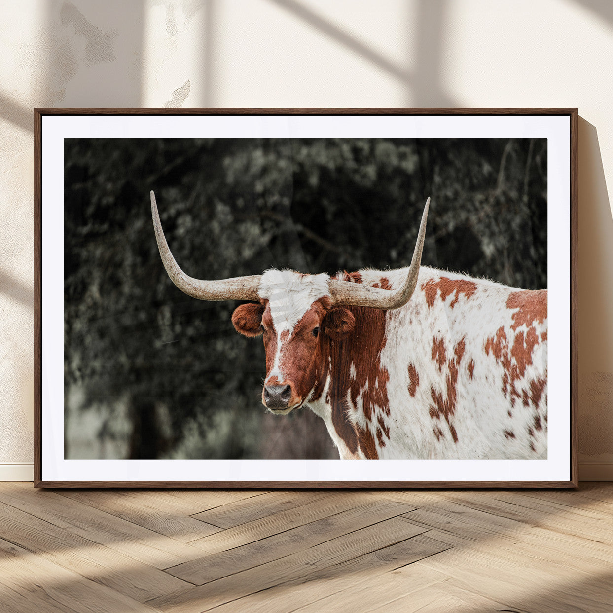 54027638-MGC-FP-36x24_Walnut-Texas Longhorn Wall Art Canvas Print, Framed Spotted Cow Art Picture Print, Horned Bull Perfect Rustic Western Decor Artwork