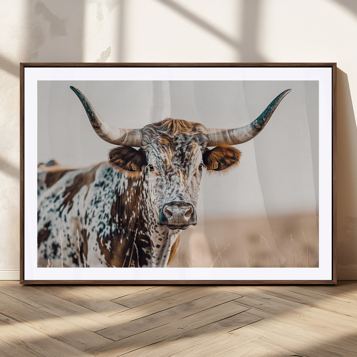 70414966-MGC-FP-36x24_Walnut-Texas Longhorn Wall Art Canvas Print, Framed Speckled Cow Art Picture Print, Horned Bull Perfect Rustic Western Decor Artwork