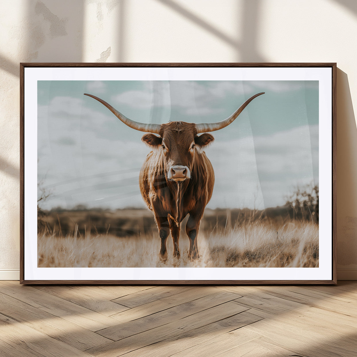 39350715-MGC-FP-36x24_Walnut-Texas Longhorn Wall Art Canvas Print, Framed Longhorn Cow Art Picture Print, Western Cattle Perfect Rustic Western Decor Artwork