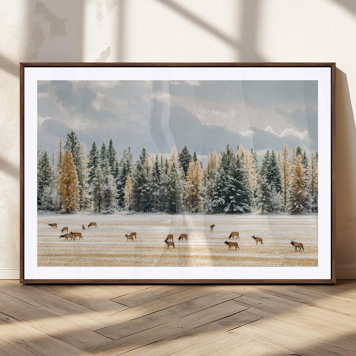 64188182-MGC-FP-36x24_Walnut-Elk Herd Wall Art Canvas Print, Framed Snowy Forest Art Picture Print, Forest Elks Perfect Neutral Rustic Decor Artwork