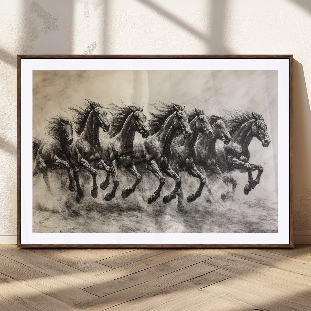 56089591-MGC-FP-36x24_Walnut-Galloping Horses Wall Art Canvas Print, Framed Wild Stallions Art Picture Print, Horse Herd Sketch Perfect Monochrome Dynamic