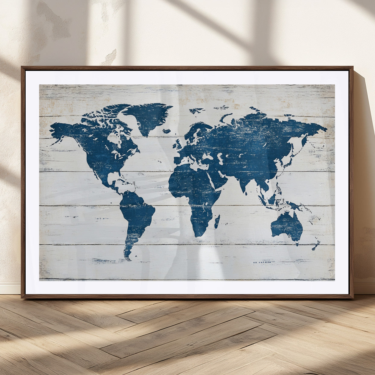 54107201-MGC-FP-36x24_Walnut-World Map Wall Art Canvas Print, Framed Rustic Atlas Art Picture Print, Wooden Map Perfect Vintage Decor Artwork