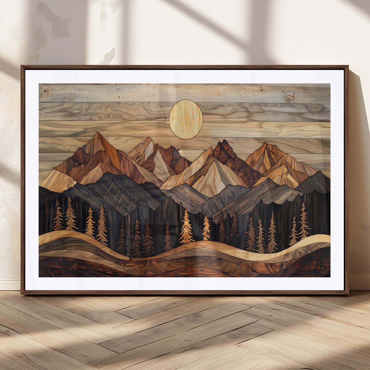 50100230-MGC-FP-36x24_Walnut-Wooden Mountain Wall Art – Rustic Nature Landscape Canvas Print, Handmade Style Sun, Forest, and Peaks Artwork for Living Room,