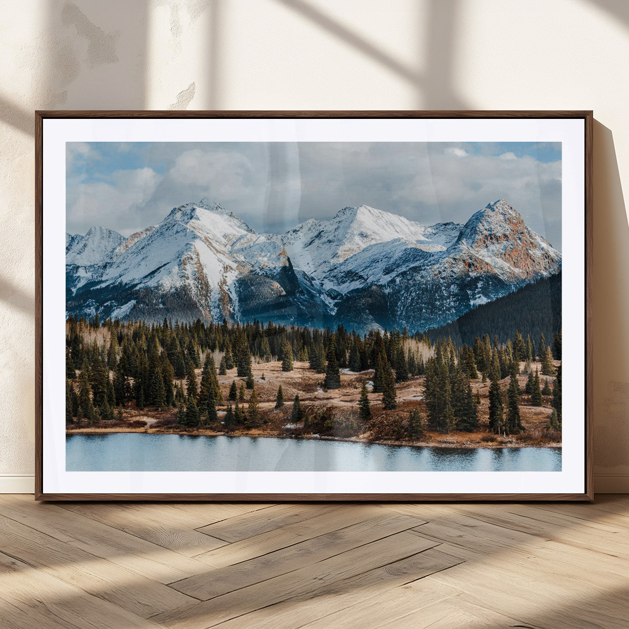 36247746-MGC-FP-36x24_Walnut-Snowy Peaks Wall Art Canvas Print, Framed Alpine Lake Art Picture Print, Pine Forest Perfect Alpine Wilderness Decor Artwork