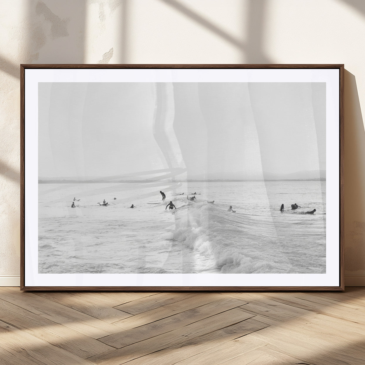 33449548-MGV-CV-36X24-Group Surfers Wall Art Canvas Print, Framed Ocean Wave Art Picture Print, Surf Crowd Perfect Monochrome Surf Decor Artwork