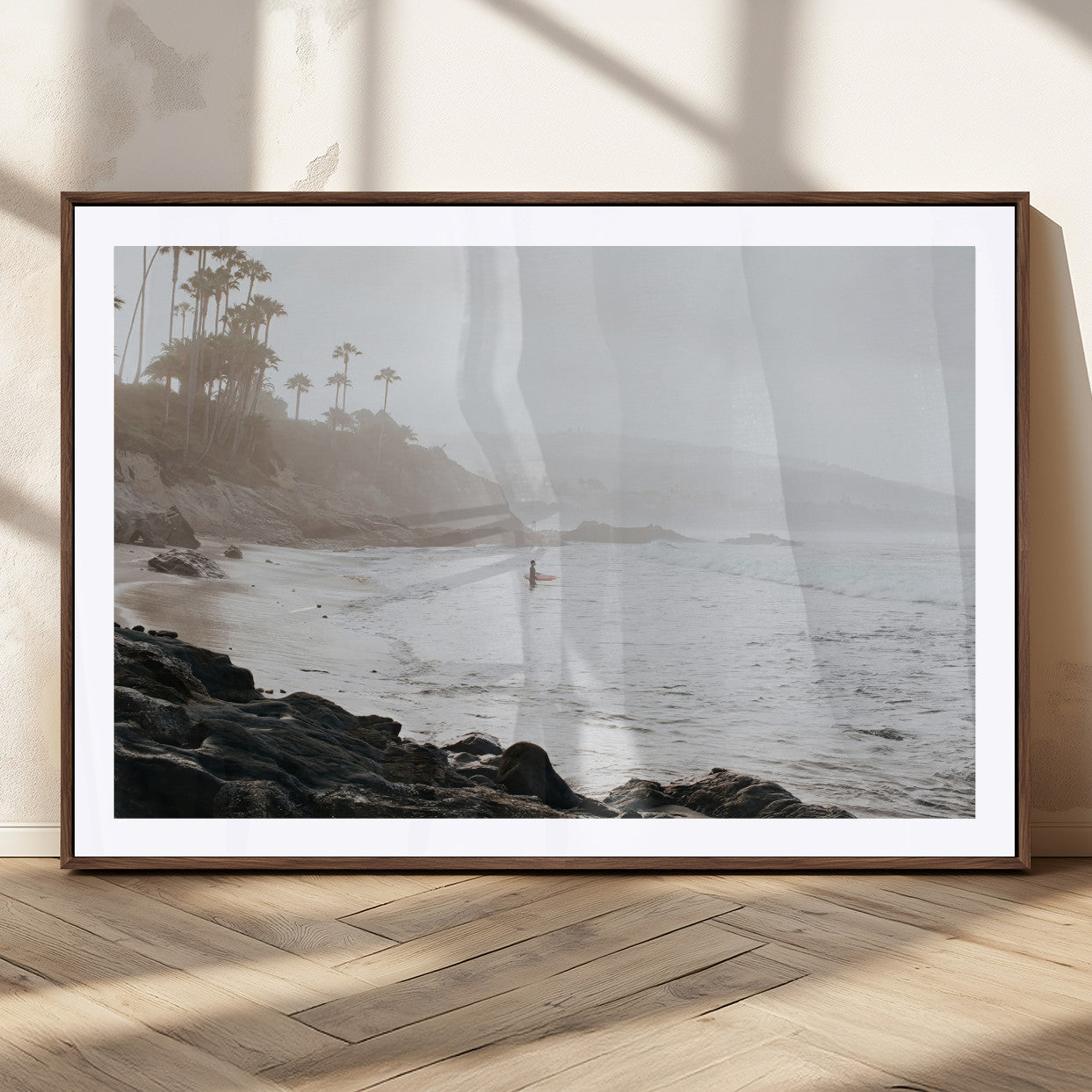 62501405-MGC-FP-36x24_Walnut-Misty Beach Wall Art Canvas Print, Framed California Surfer Art Picture Print, Coastal Cliff Perfect Coastal Beach Decor Artwork