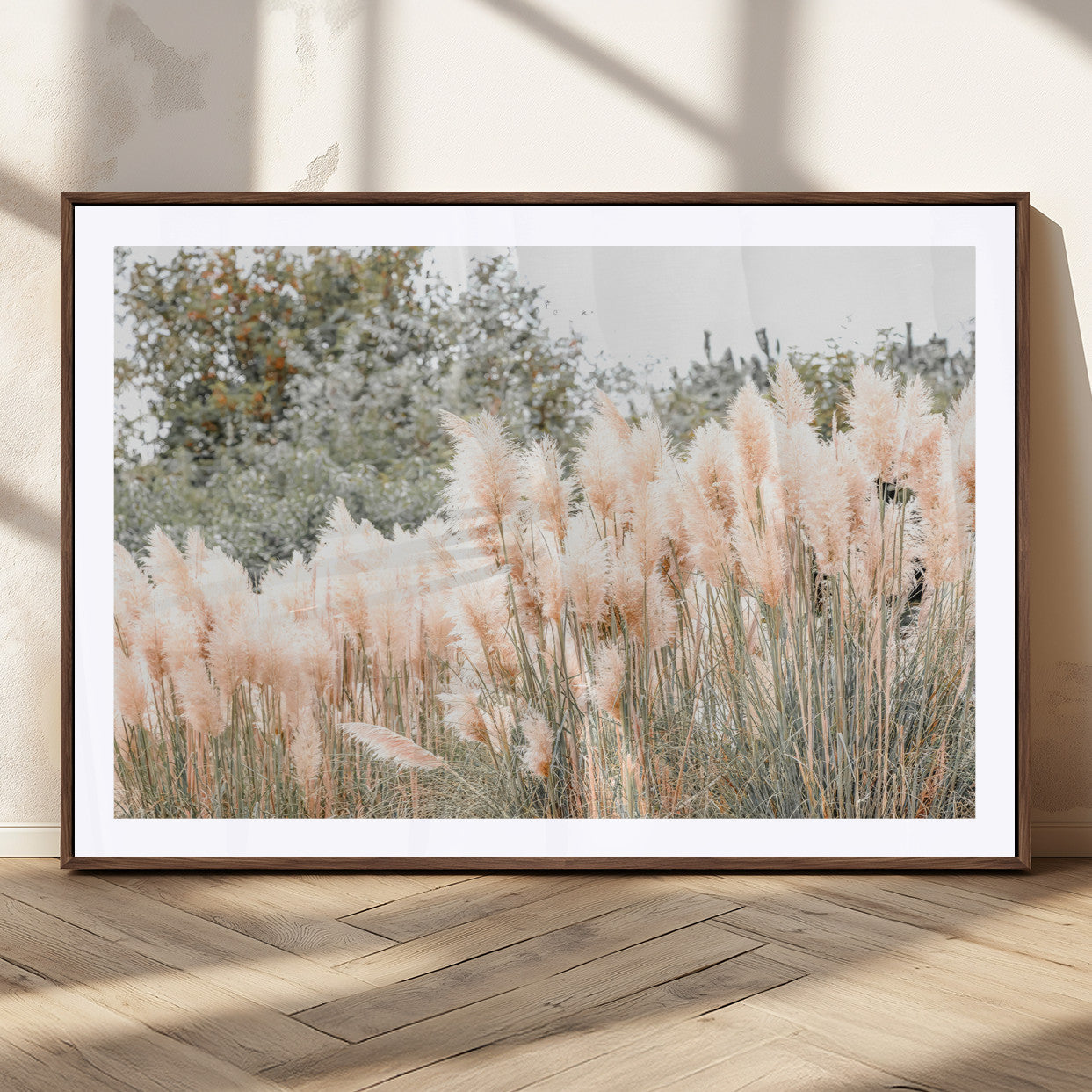 21826392-MGC-FP-36x24_Walnut-Pampas Grass Wall Art Canvas Print, Framed Soft Pampas Art Picture Print, Pastel Grasses Perfect Soft Neutral Boho Decor Artwork