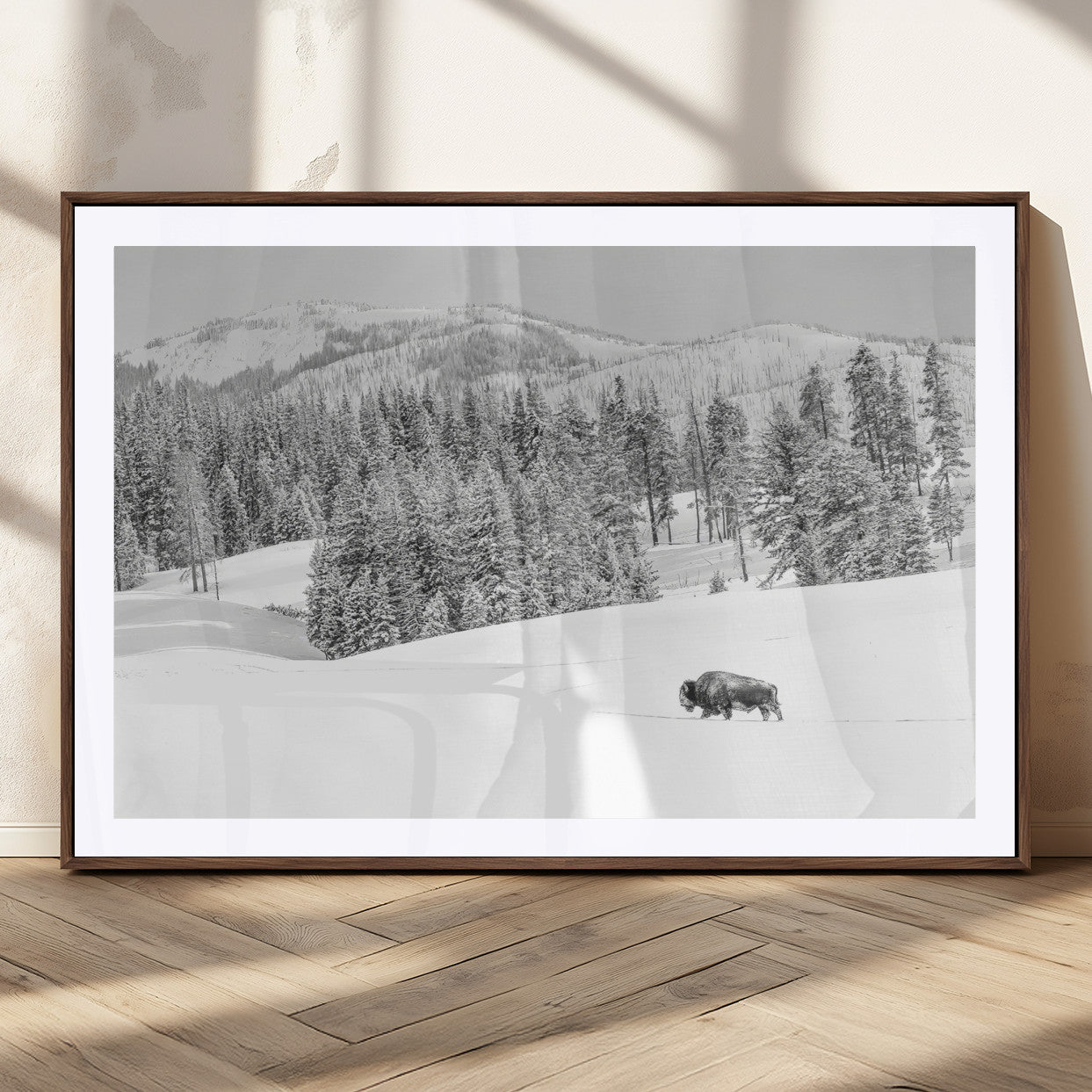 68081143-MGC-FP-36x24_Walnut-Snowy Bison Wall Art Canvas Print, Framed Winter Forest Art Picture Print, Lone Bison Perfect Monochrome Winter Wild Decor Artwork