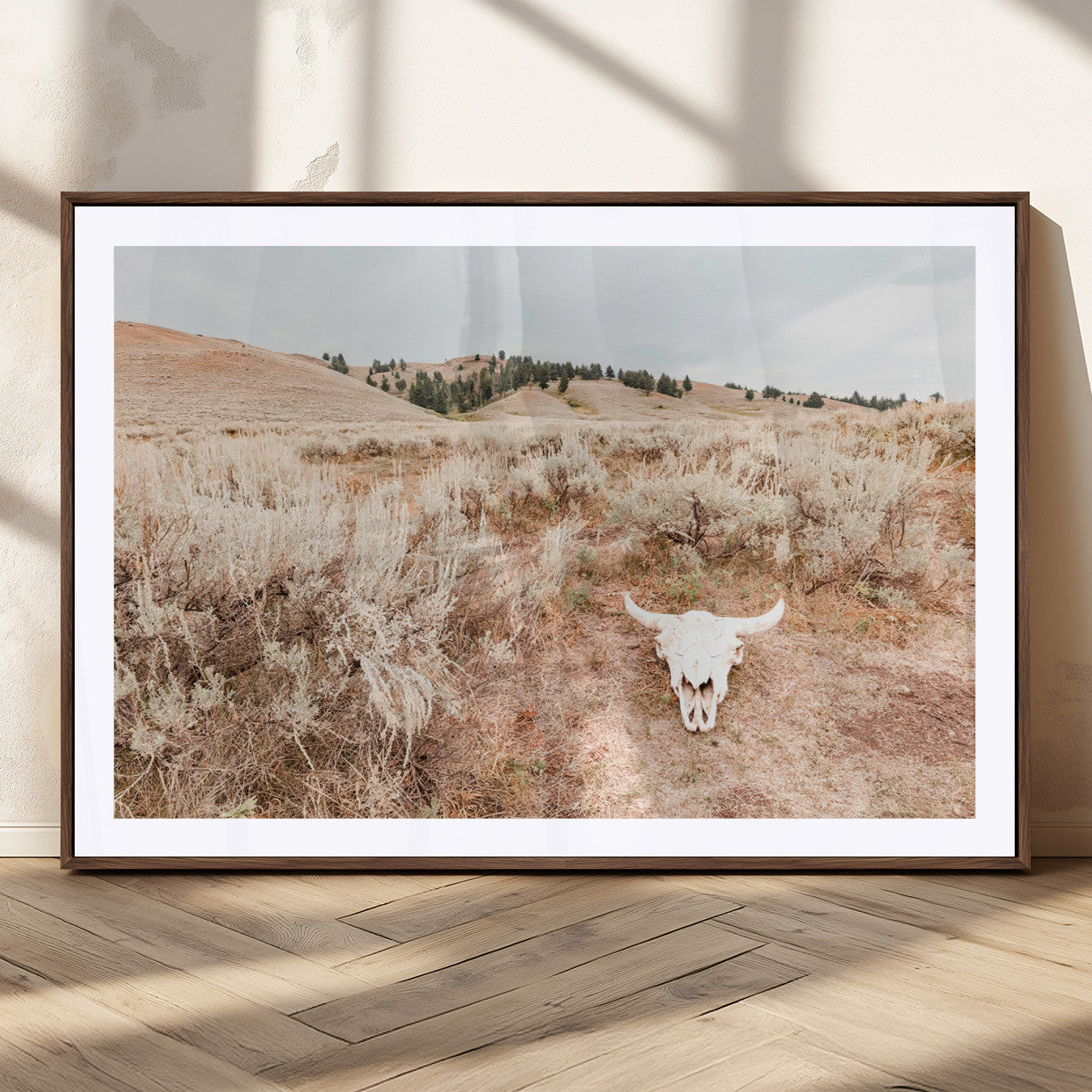97234735-MGC-FP-36x24_Walnut-Rustic Bones Wall Art Canvas Print, Framed Desert Sage Art Picture Print, Prairie Skull Perfect Minimal Rustic Decor Artwork