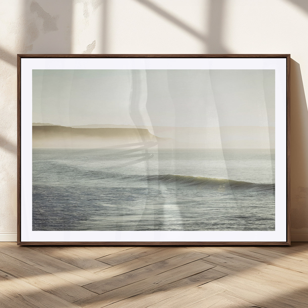 39310633-MGC-FP-36x24_Walnut-Coastal Cliffs Wall Art Canvas Print, Framed Misty Ocean Art Picture Print, Morning Light Perfect Minimalistic Coastal Decor