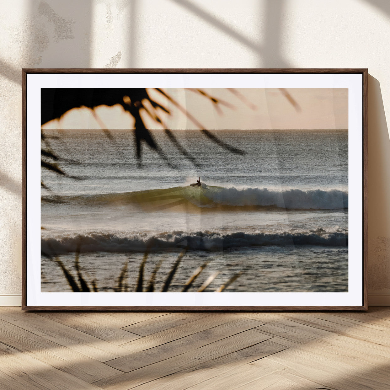 24896468-MGC-FP-36x24_Walnut-Sunset Surf Wall Art Canvas Print, Framed Golden Waves Art Picture Print, Tropical Ocean Perfect Tropical Boho Decor Artwork