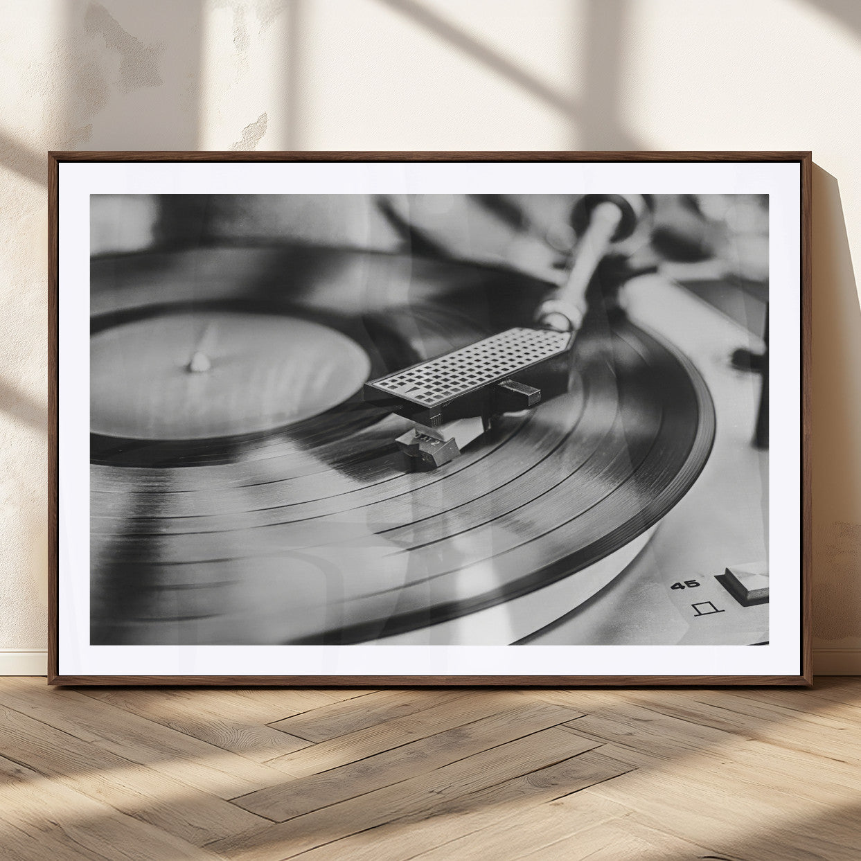 41253898-MGC-FP-36x24_Walnut-Vinyl Record Wall Art Canvas Print, Framed Turntable Close Art Picture Print, Retro Vibes Perfect Vintage Industrial Decor Artwork