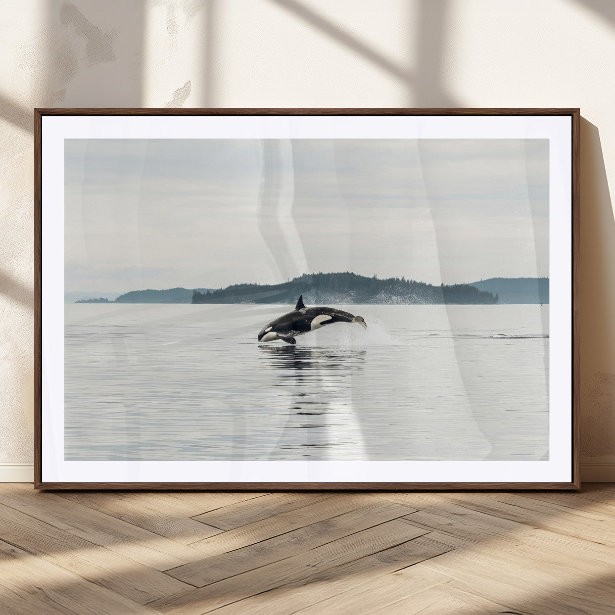10157174-MGC-FP-36x24_Walnut-Orca Whale Wall Art Canvas Print, Framed Black White Whale Art Picture Print, Minimalist Ocean Perfect Coastal Minimalist Decor
