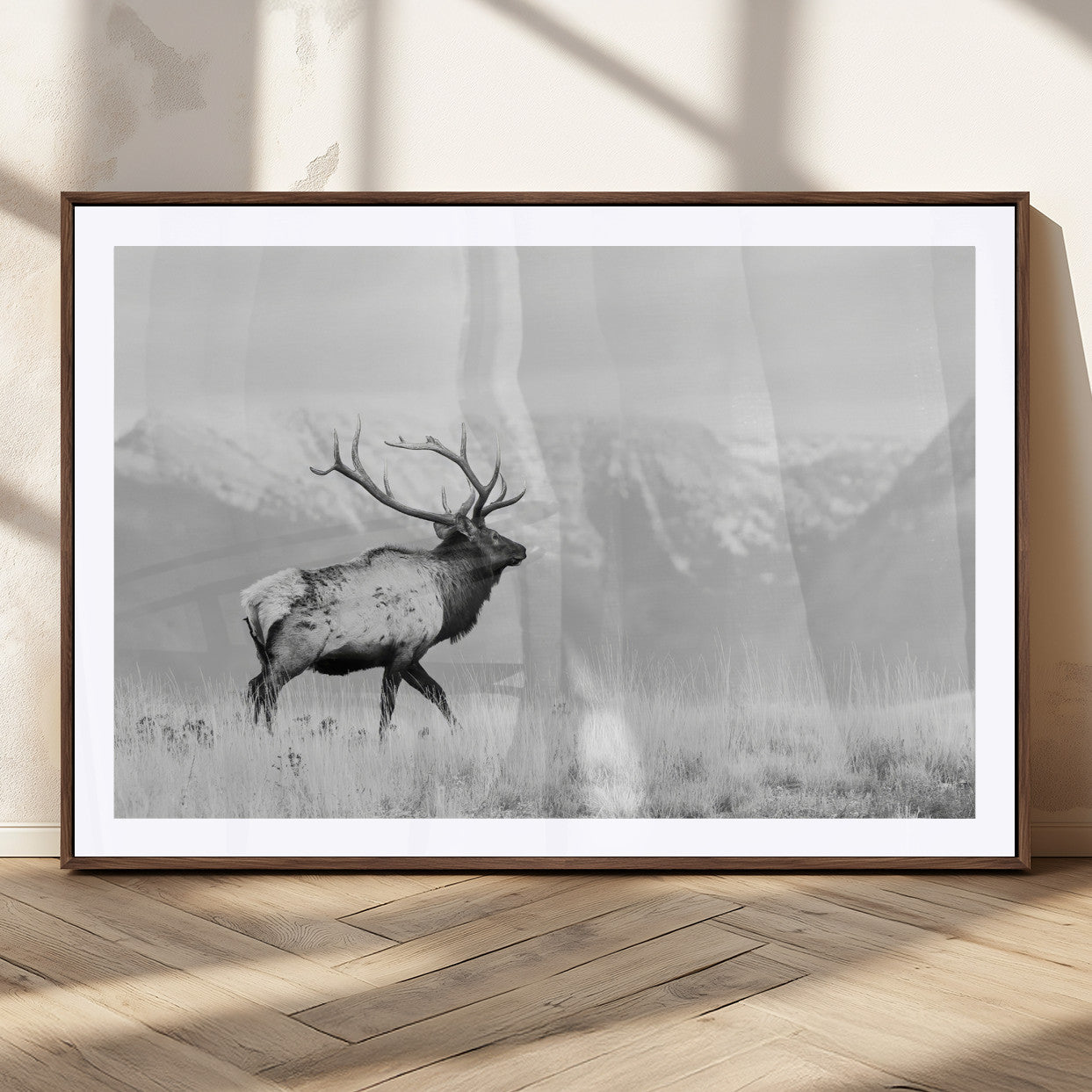62278753-MGC-FP-36x24_Walnut-Monochrome Elk Wall Art Canvas Print, Framed Mountain Wildlife Art Picture Print, Rustic Nature Perfect Rustic Minimalist Decor