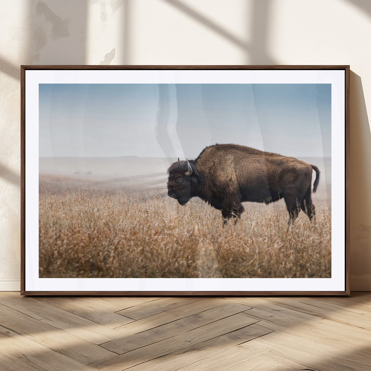 99620201-MGC-FP-36x24_Walnut-Wild Bison Wall Art Canvas Print, Framed Bison in Prairie Art Picture Print, Rustic Western Perfect Rustic Western Decor Artwork