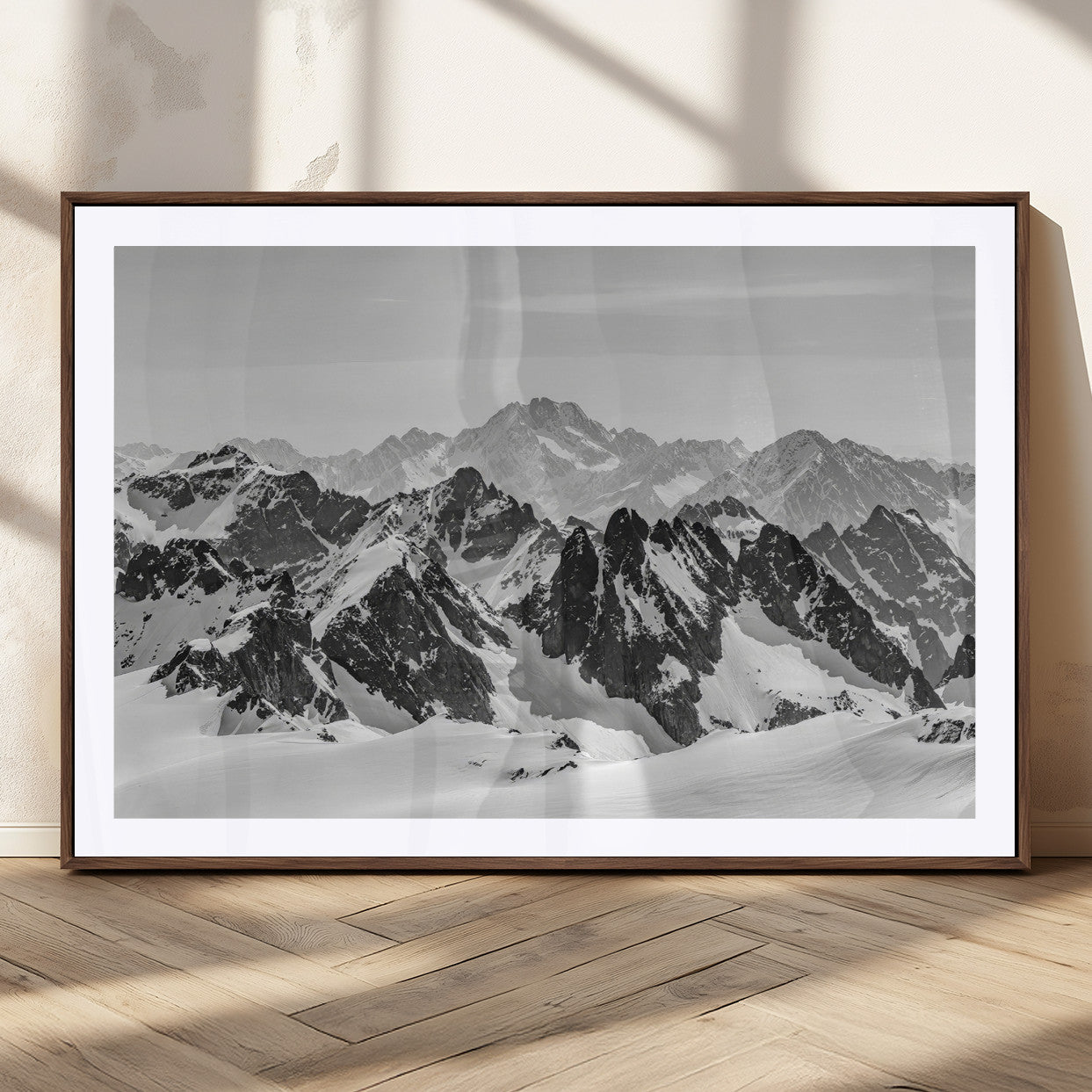 46884246-MGC-FP-36x24_Walnut-Snowy Mountain Wall Art Canvas Print, Framed Mountain Peaks Art Picture Print, Alpine Mountains Perfect Minimalist Alpine Decor