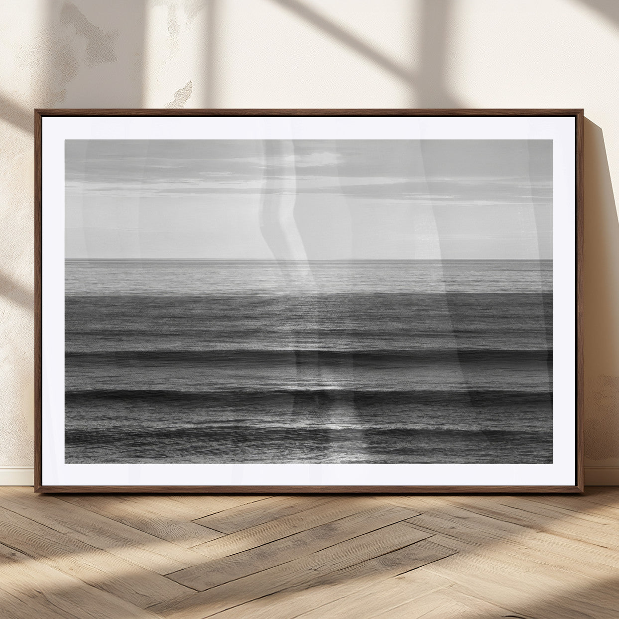 47305203-MGC-FP-36x24_Walnut-Monochrome Ocean Wall Art Canvas Print, Framed Moody Ocean Art Picture Print, Calm Ocean Perfect Minimalist Coastal Decor Artwork