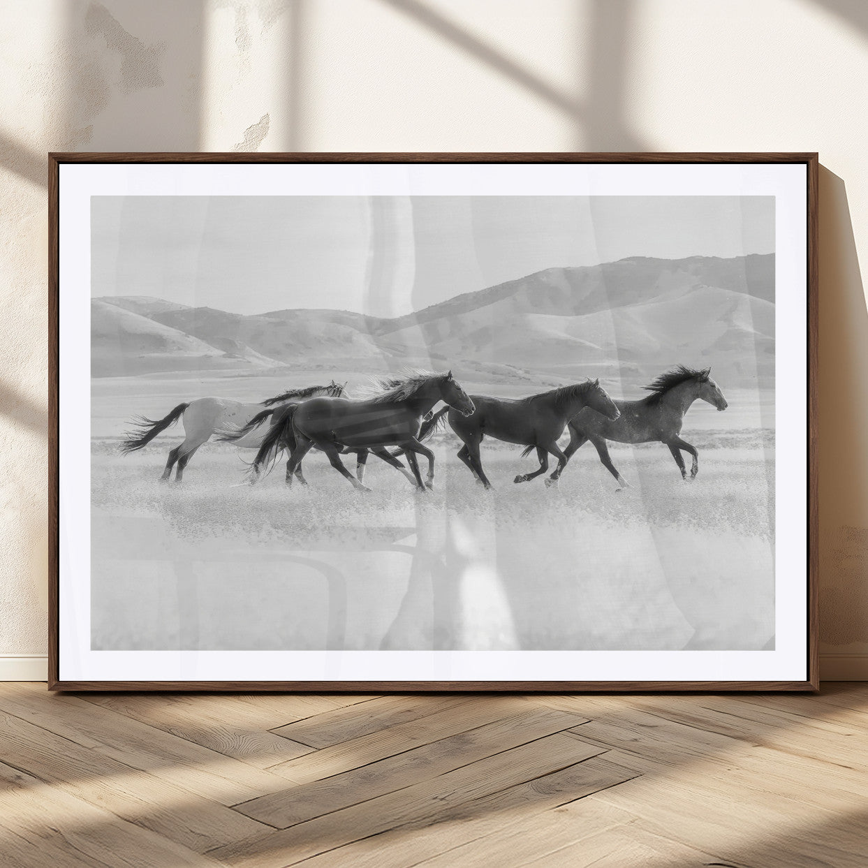 69934913-MGC-FP-36x24_Walnut-Wild Horses Running Wall Art Canvas Print, Framed Black White Mustangs Art Picture Print, Rustic Western Perfect Rustic Western