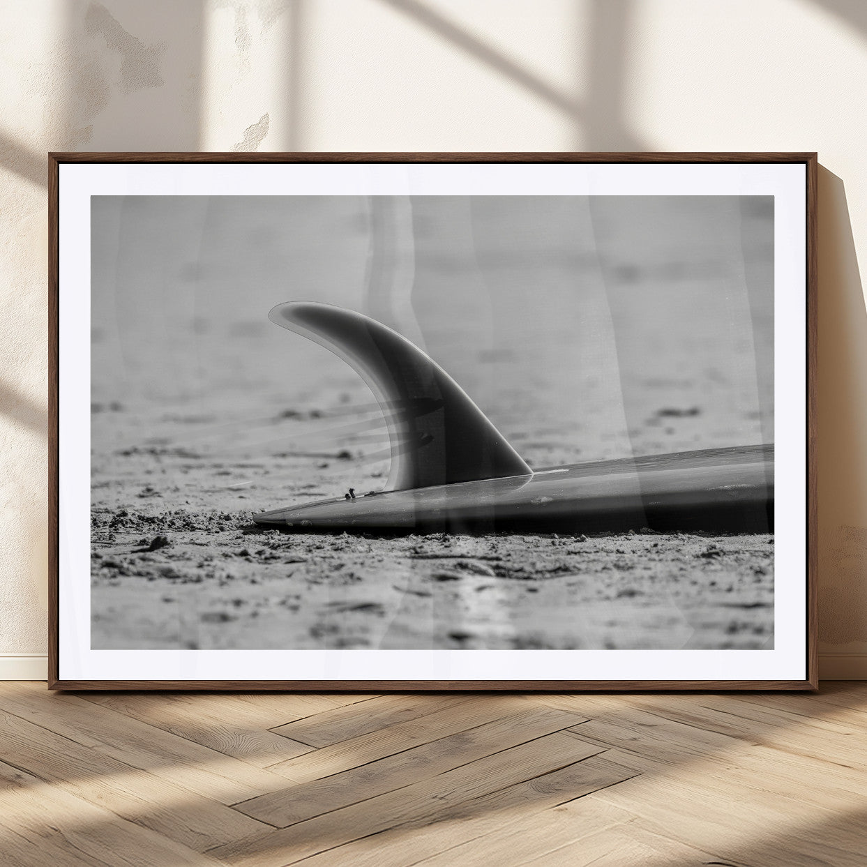 62314230-MGC-FP-36x24_Walnut-Black White Surfboard Wall Art Canvas Print, Framed Minimalist Beach Art Picture Print, Surf Fin Perfect Minimalist Coastal Decor