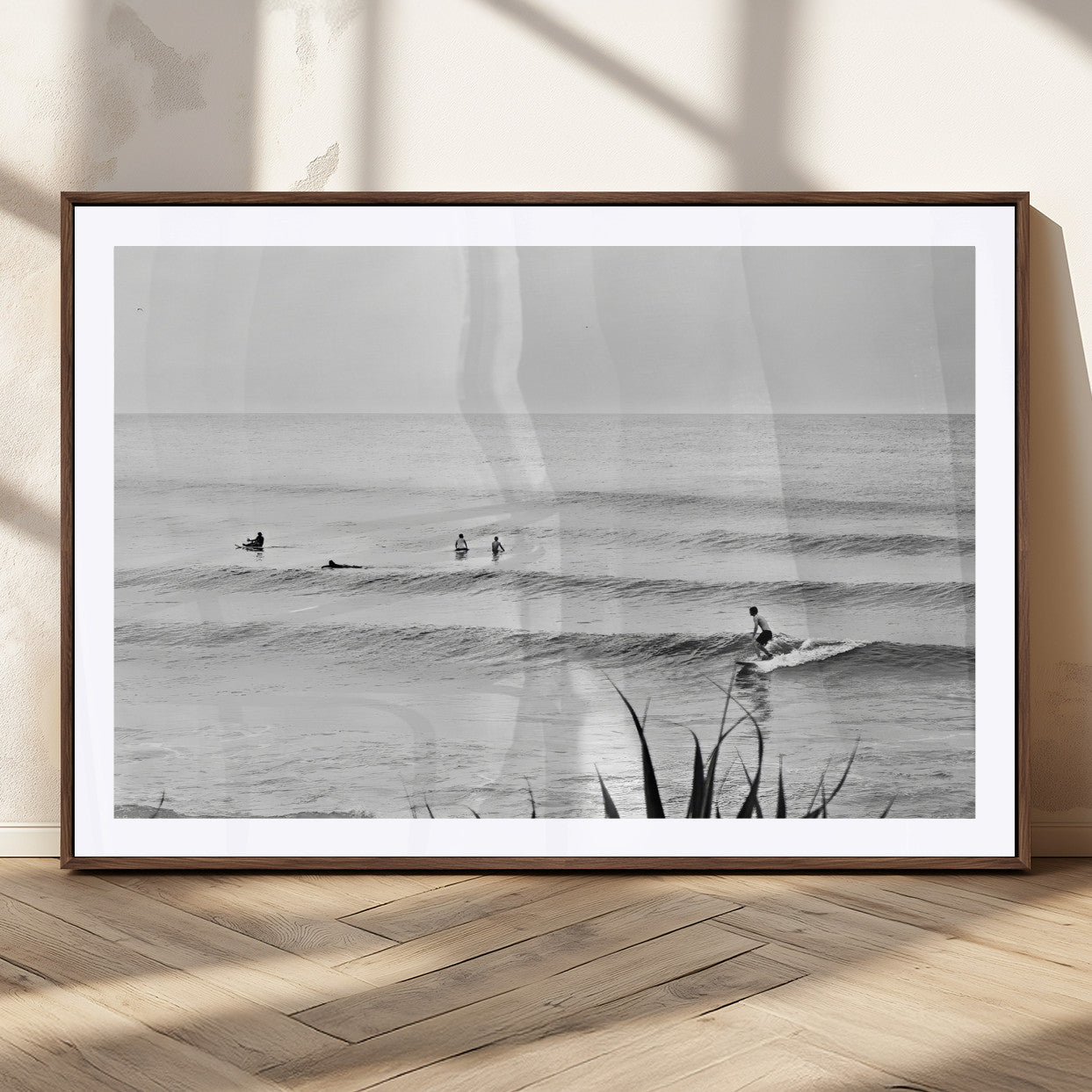 33821421-MGC-FP-36x24_Walnut-Surfer Silhouette Wall Art Canvas Print, Framed Calm Ocean Art Picture Print, Monochrome Surf Perfect Minimalist Coastal Decor