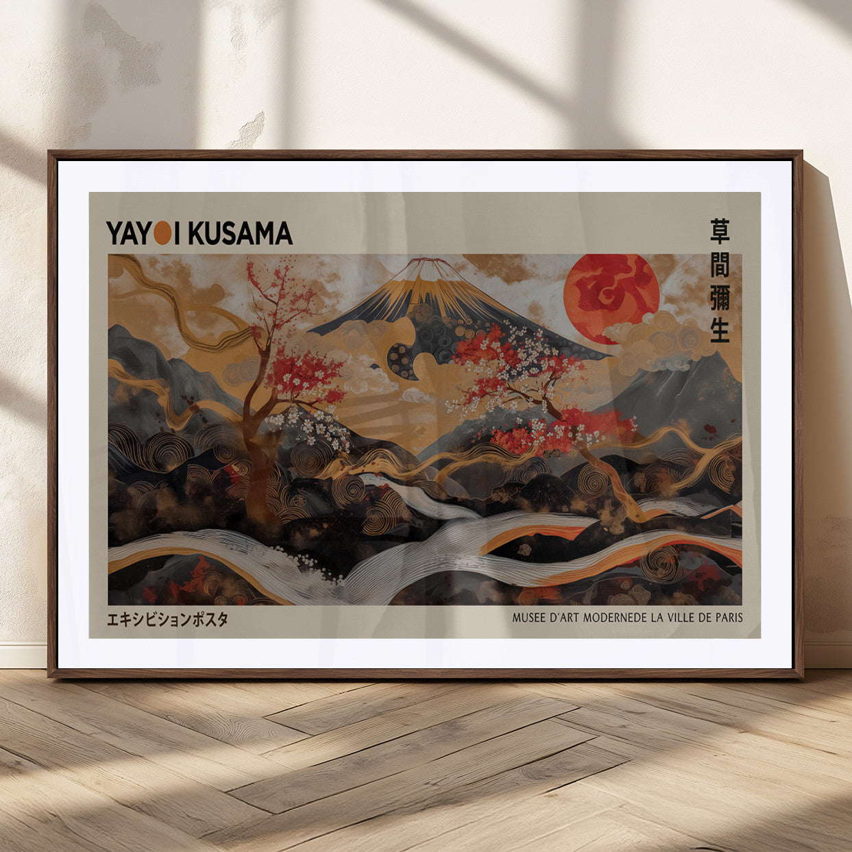 77970791-MGC-FP-36x24_Walnut-Mount Fuji Golden Abstract Wall Art – Japanese Landscape Canvas Poster, Cherry Blossom & Red Sun Painting, Elegant Zen Oriental