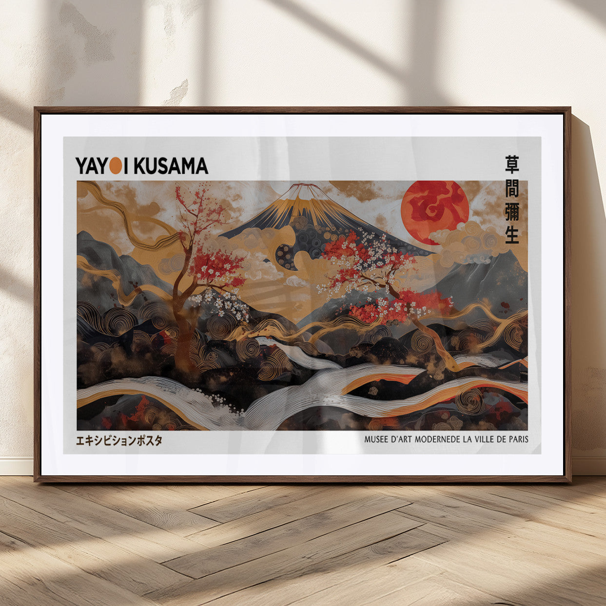85375874-MGC-FP-36x24_Walnut-Mount Fuji Abstract Wall Art – Japanese Landscape Canvas Print, Cherry Blossom & Red Sun Painting, Elegant Modern Zen Asian Home
