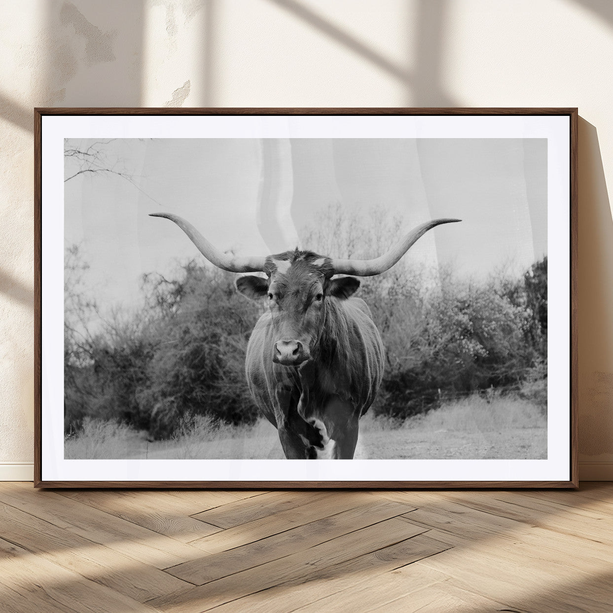 97280319-MGC-FP-36x24_Walnut-Longhorn Photography Wall Art Canvas Print, Framed Western Cow Decor Art Picture Print, Texas Ranch Style Perfect Rustic Farmhouse