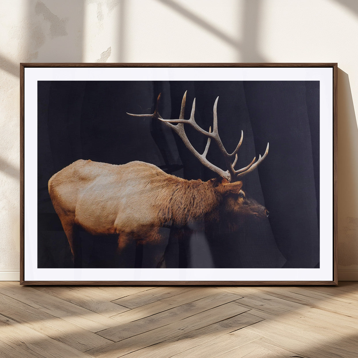 89239257-MGC-FP-36x24_Walnut-Bull Elk Decor Wall Art Canvas Print, Framed Elk Photography Art Picture Print, Rustic Wildlife Perfect Rustic Lodge Decor Artwork