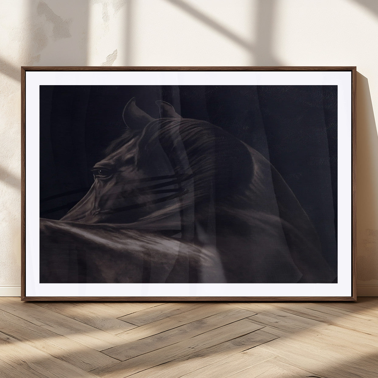 67026880-MGV-CV-36X24-Black Horse Portrait Wall Art Canvas Print, Framed Moody Horse Decor Art Picture Print, Equestrian Wall Style Perfect Masculine
